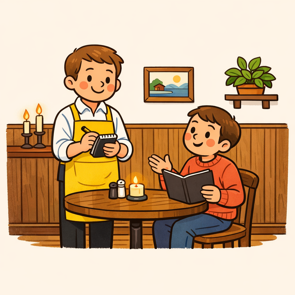 Illustration of a customer talking to a waiter about food preferences at a restaurant