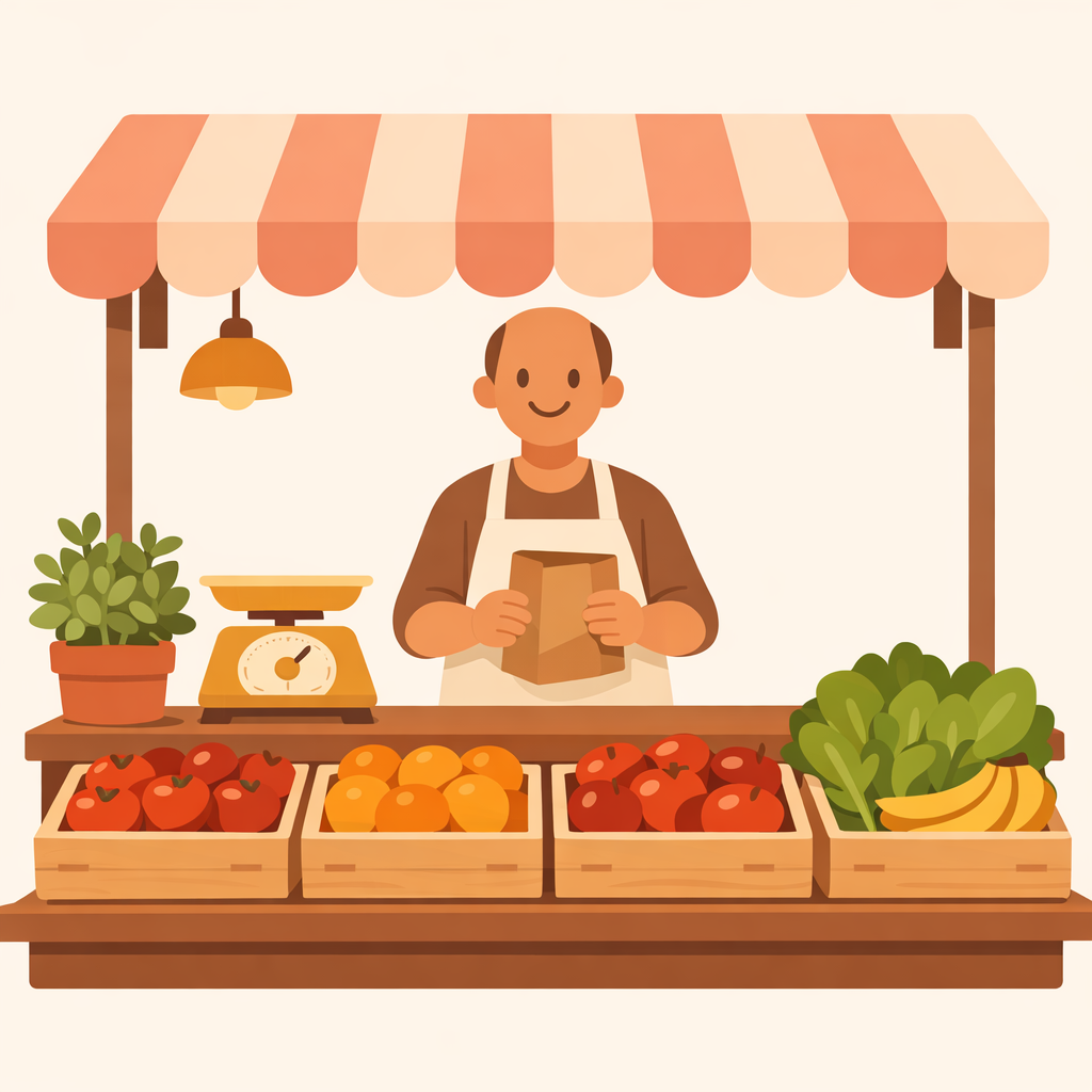 Illustration of a customer buying fruit and vegetables at an outdoor market stall