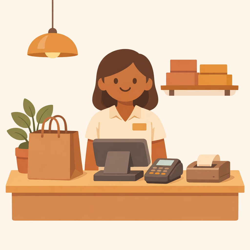Illustration of a friendly cashier at a shop till