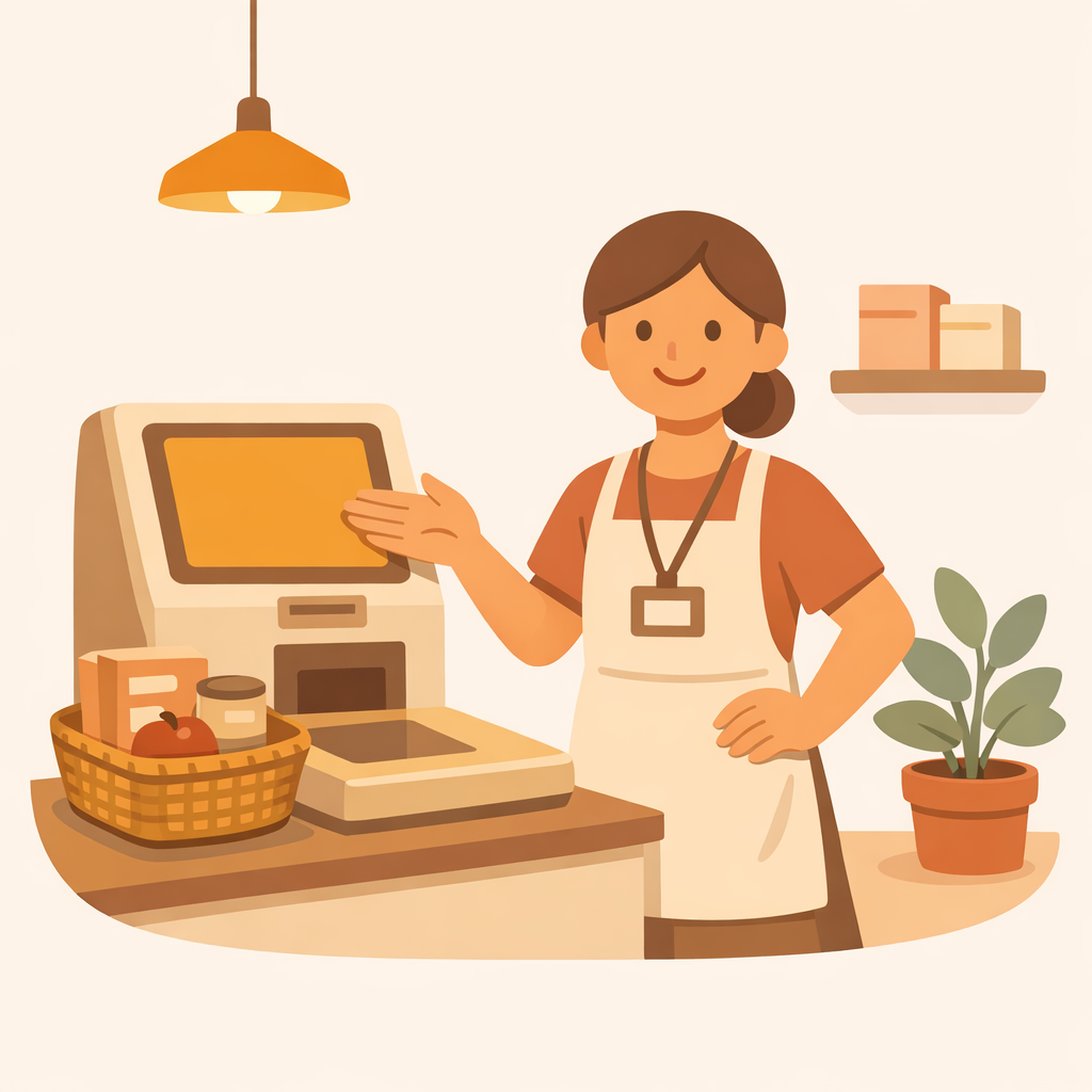 Illustration of a customer at a self-checkout machine with a shop assistant nearby