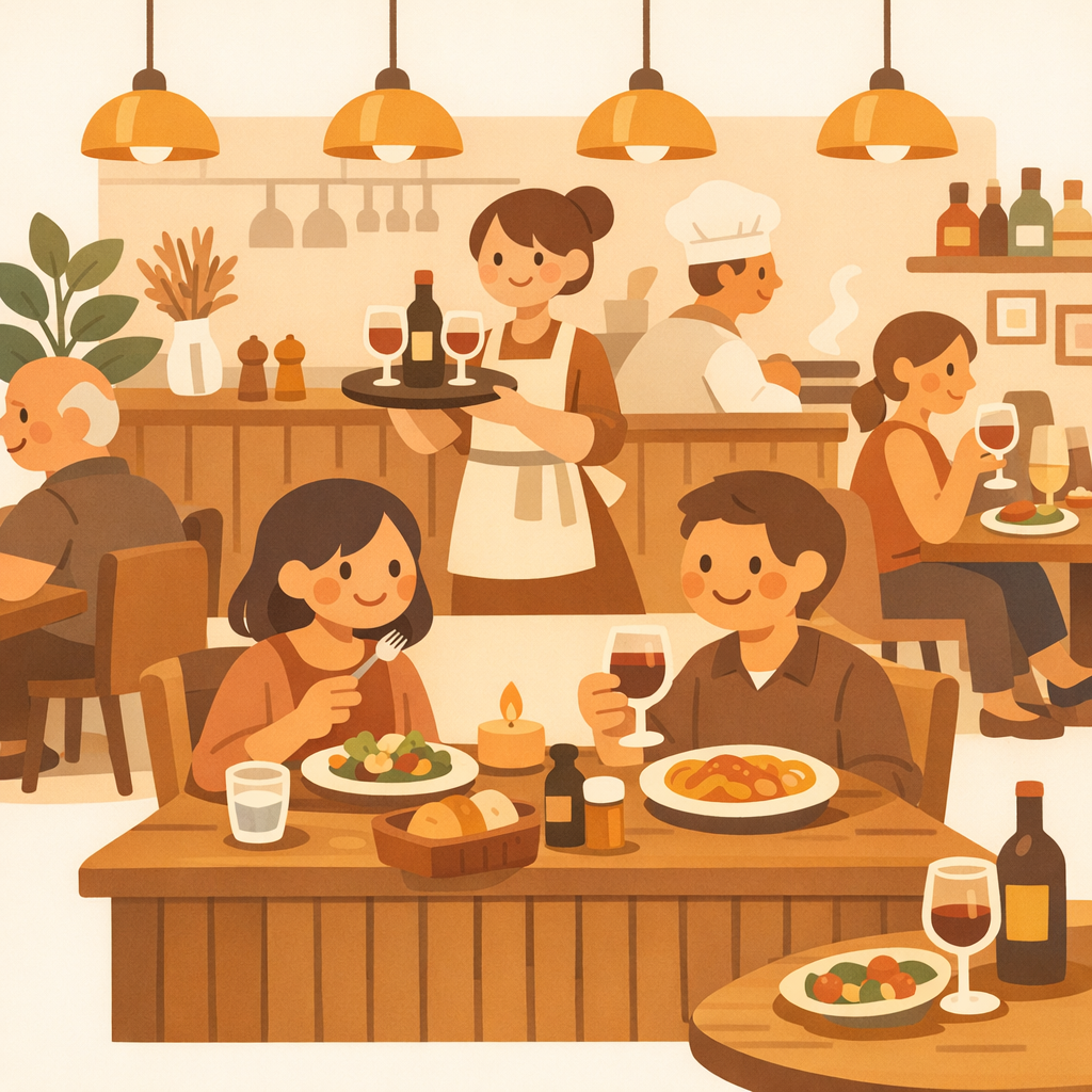Illustration of a friendly waiter at a restaurant
