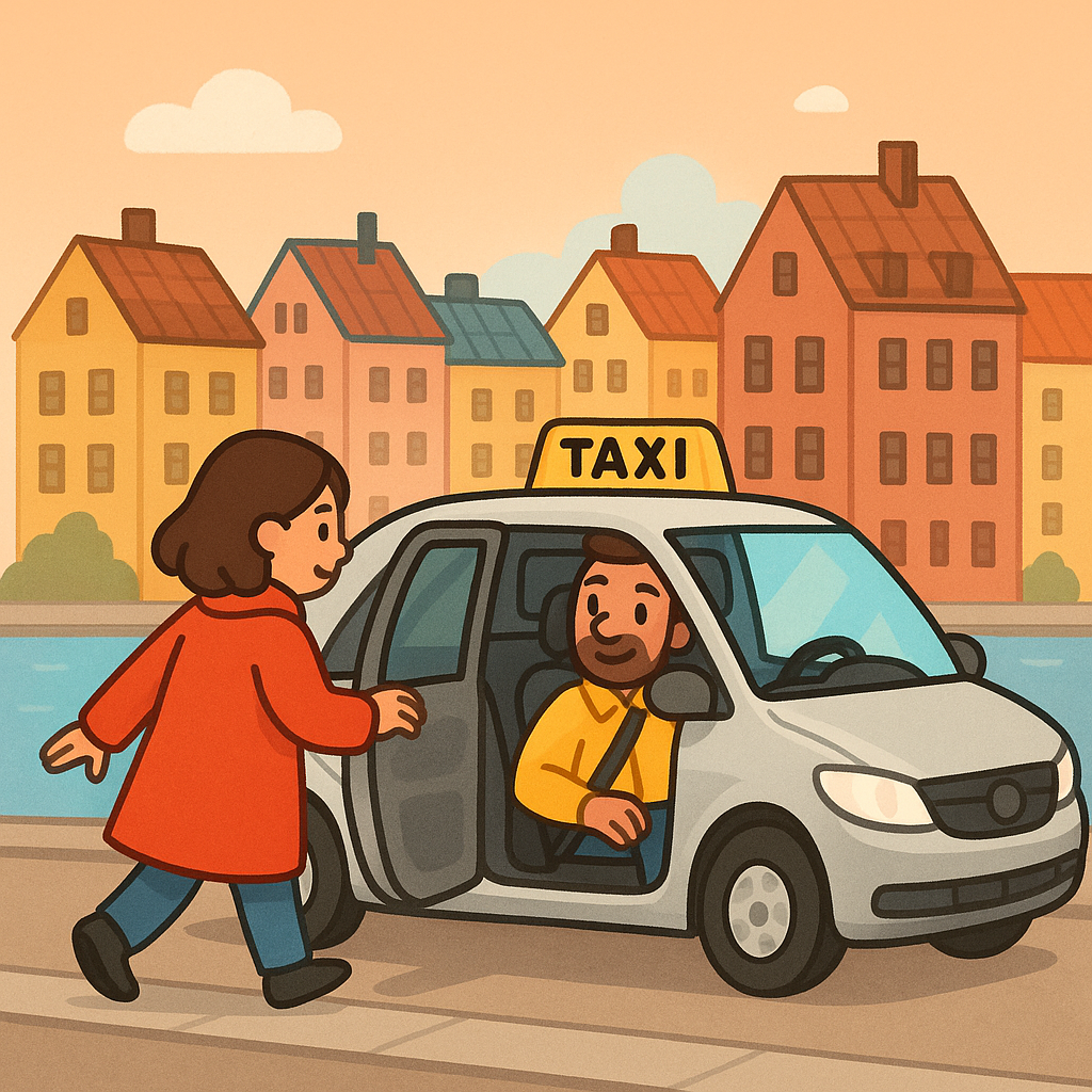 Illustration of a customer getting into a taxi and talking to the driver